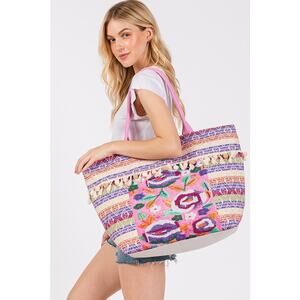 Floral Bead Print Western Pattern Boho Pom Pom Tote Bag